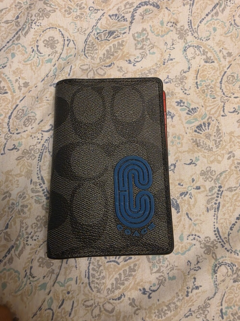 Coach Men's Black Signature Zip Wallet with Blue Logo